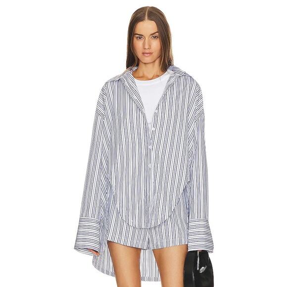 Ronny Kobo Maja Blue White Striped Button Up Top Shorts Set Coastal S - Picture 1 of 15